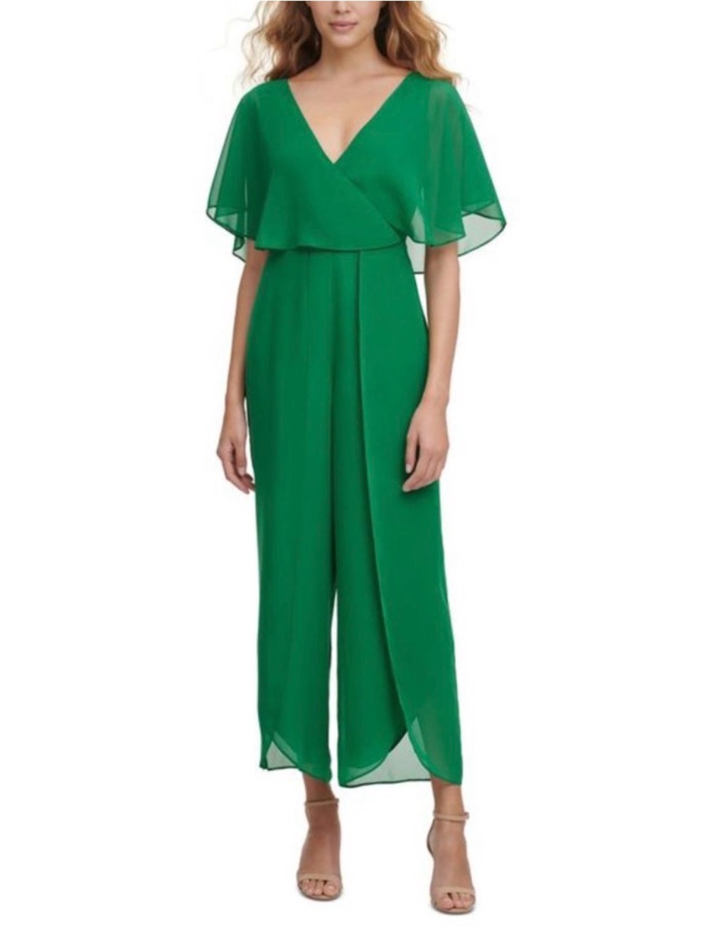 Kensie Green Flutter-Sleeve Wrap Jumpsuit